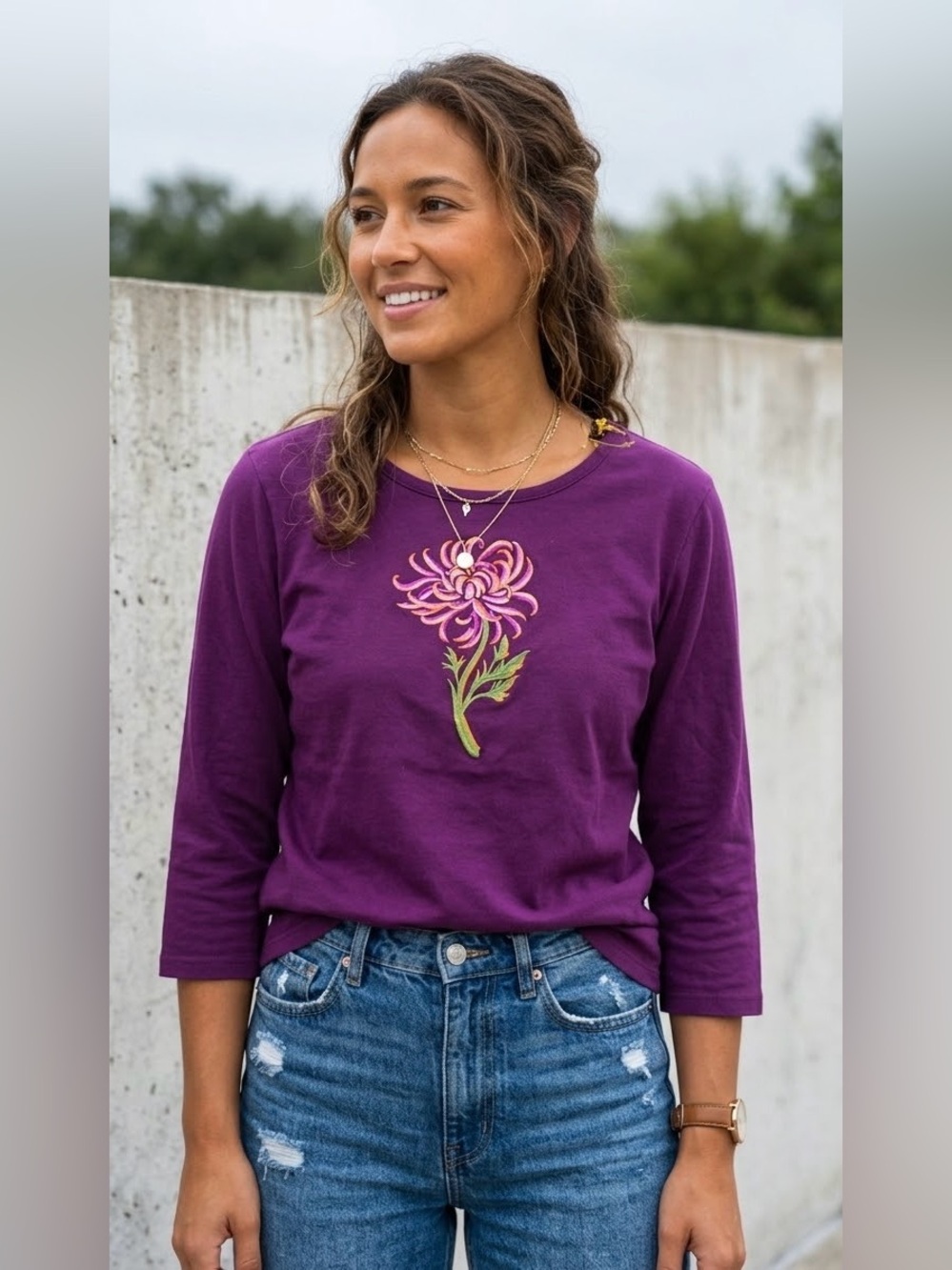 Bob Mackie Wearable Art Purple Floral Embroidered Top Size Small 3/4 Sleeve